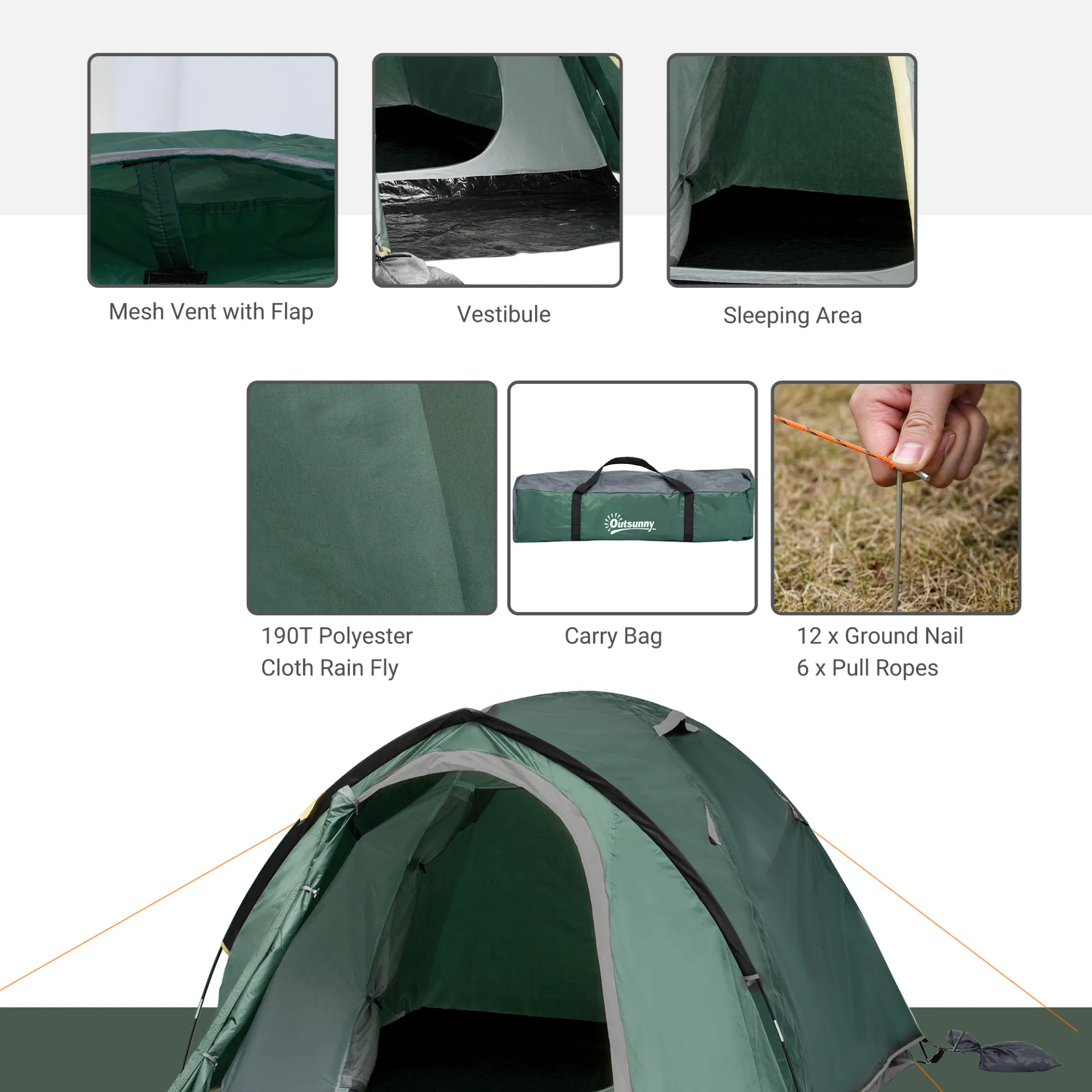 Outsunny Camping Tent w/ Dome Tent for 2-3 Person with Weatherproof Vestibule Backpacking Tent Large Windows Lightweight for Fishing & Hiking Green