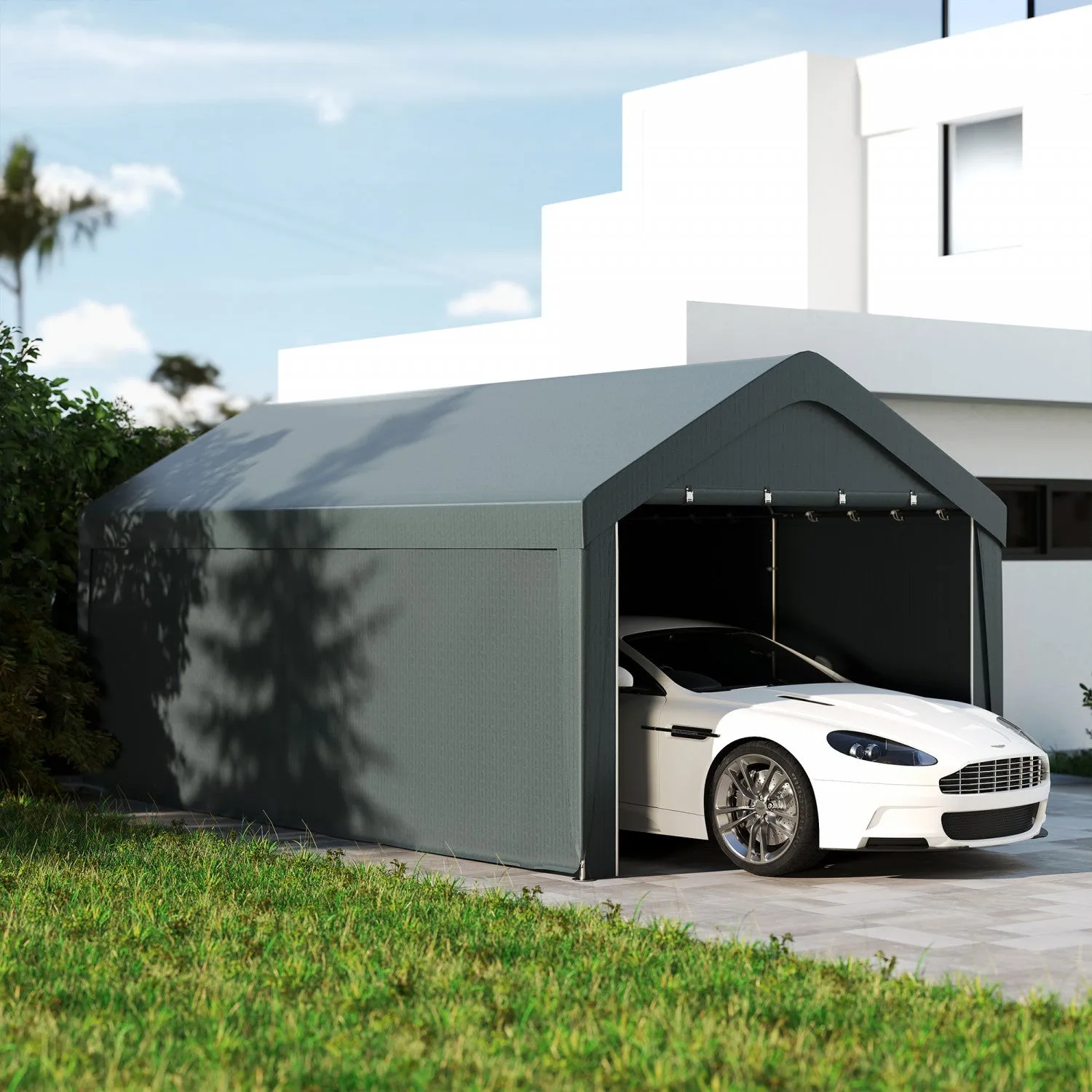 Outsunny Carport, 10 X 20 Ft Car Shelter With 2 Roll-up Doors, Dark Grey