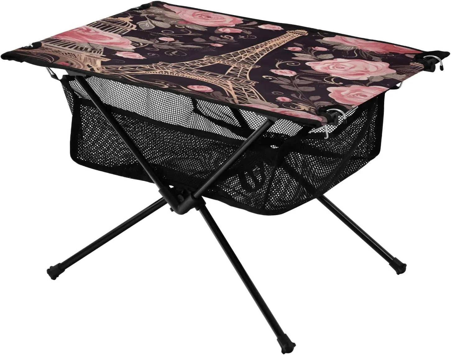 Paris Pattern with Flowers Portable Folding Camping Table, Compact Lightweight Beach Table with Carrying Bag for Outdoor Picnics, BBQs, Camp