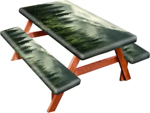 Park Picnic Table Cover with Bench Covers Lightweight Camping Essentials, Oil-Proof Waterproof 3PCS Tablecloth with Elastic, Fitted for Table 6FT Rectangle and Seats, Green Forest (72x30in)