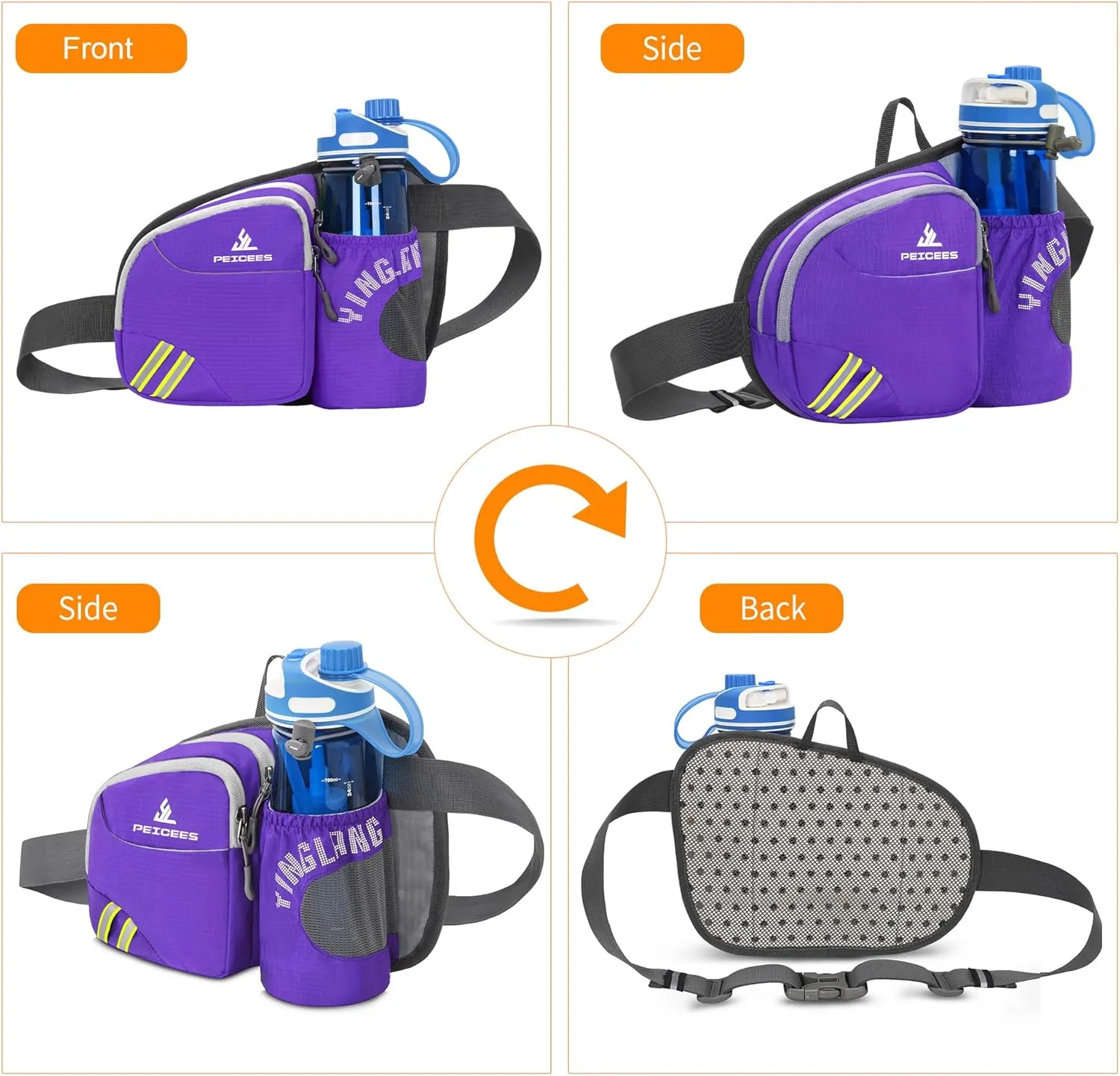 Peicees Waist Bag Fanny Pack with Water Bottle Holder for Men Women Hiking Running Dog Walking Fit All Phones (Bottle Not Included), Colorful Reflective Strip&Zipper-Purple