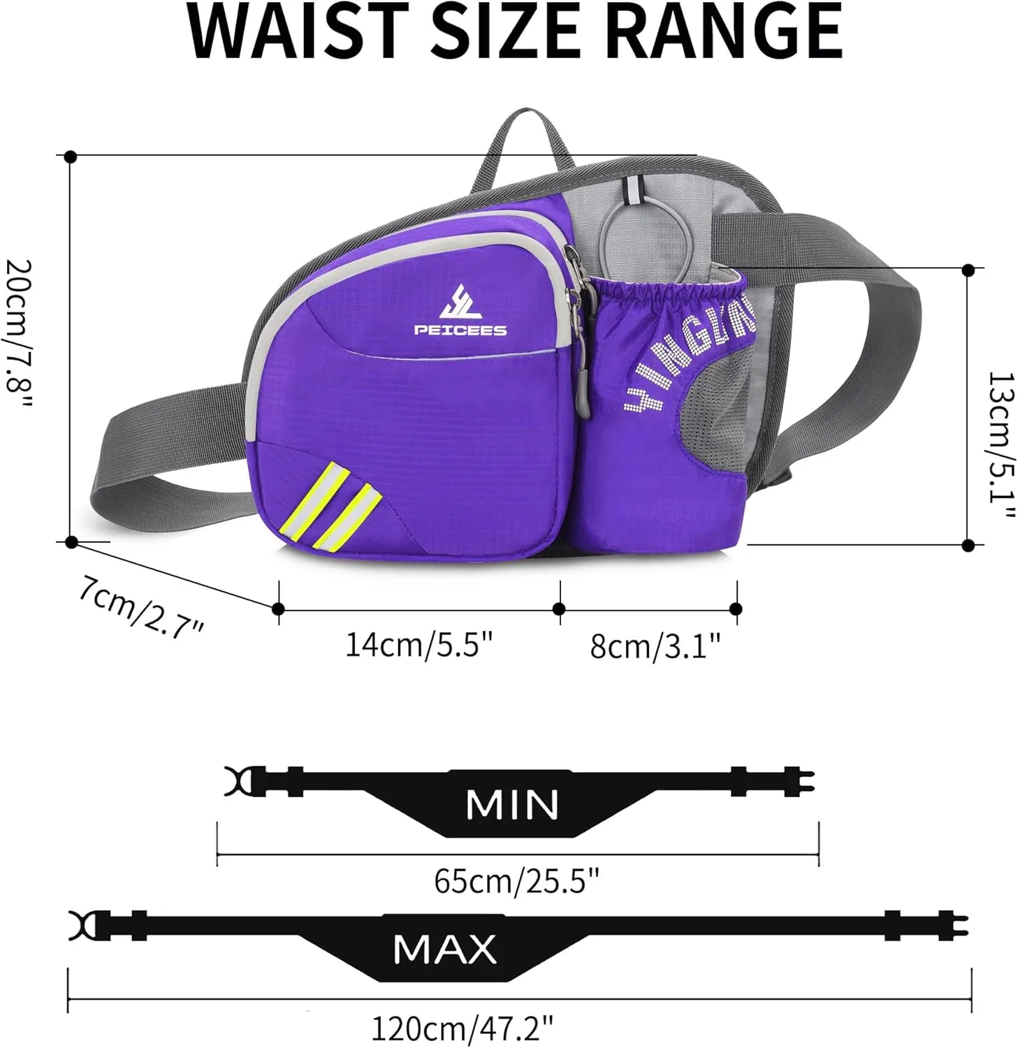 Peicees Waist Bag Fanny Pack with Water Bottle Holder for Men Women Hiking Running Dog Walking Fit All Phones (Bottle Not Included), Colorful Reflective Strip&Zipper-Purple