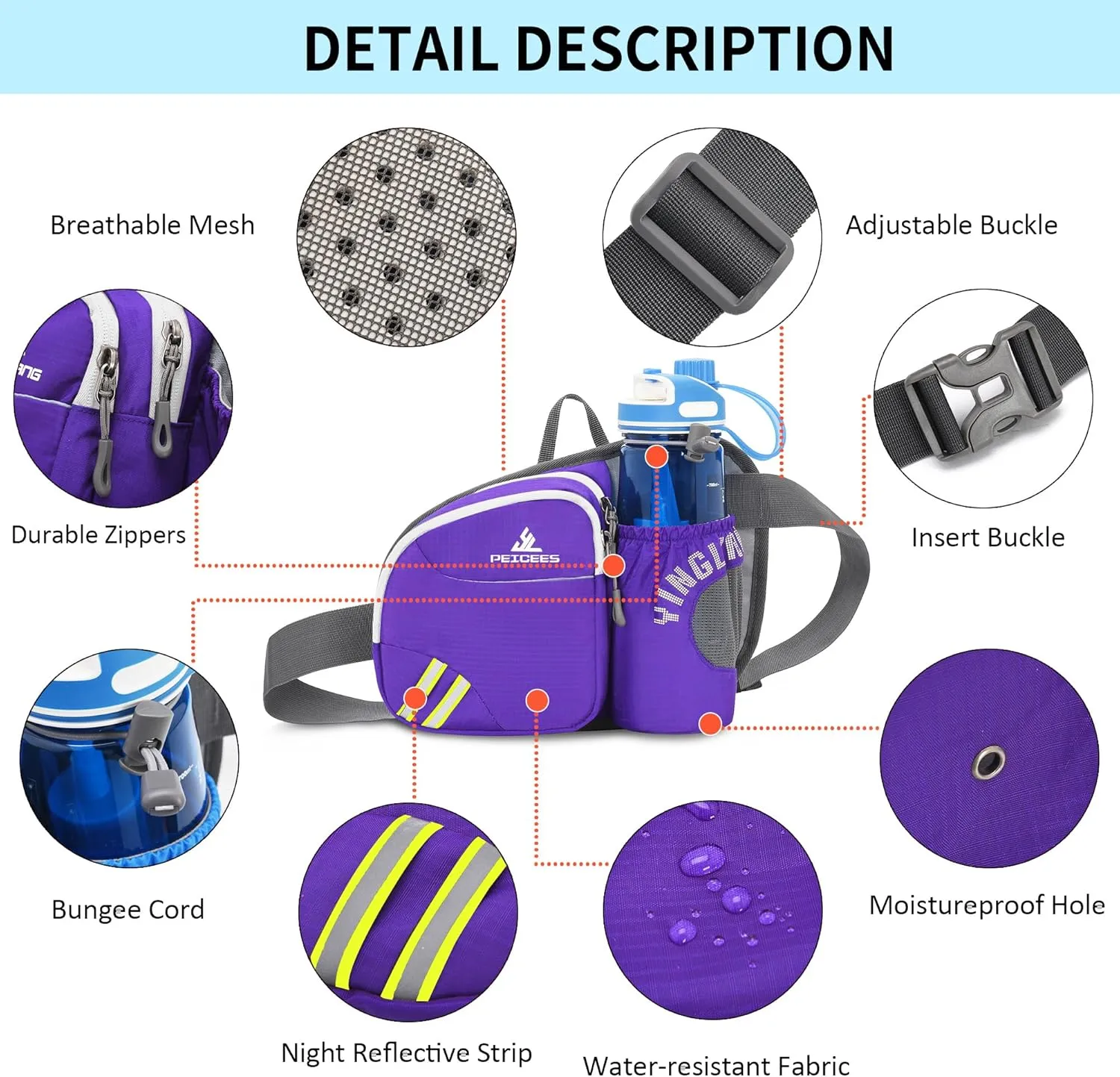 Peicees Waist Bag Fanny Pack with Water Bottle Holder for Men Women Hiking Running Dog Walking Fit All Phones (Bottle Not Included), Colorful Reflective Strip&Zipper-Purple