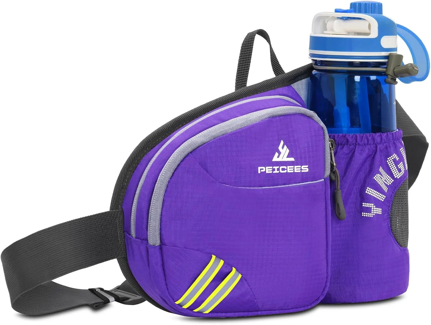 Peicees Waist Bag Fanny Pack with Water Bottle Holder for Men Women Hiking Running Dog Walking Fit All Phones (Bottle Not Included), Colorful Reflective Strip&Zipper-Purple