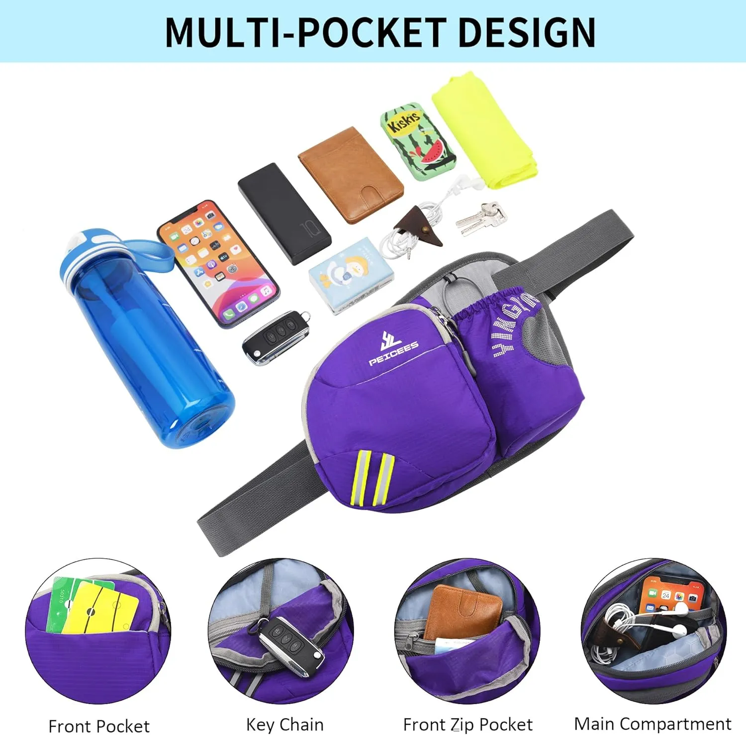 Peicees Waist Bag Fanny Pack with Water Bottle Holder for Men Women Hiking Running Dog Walking Fit All Phones (Bottle Not Included), Colorful Reflective Strip&Zipper-Purple