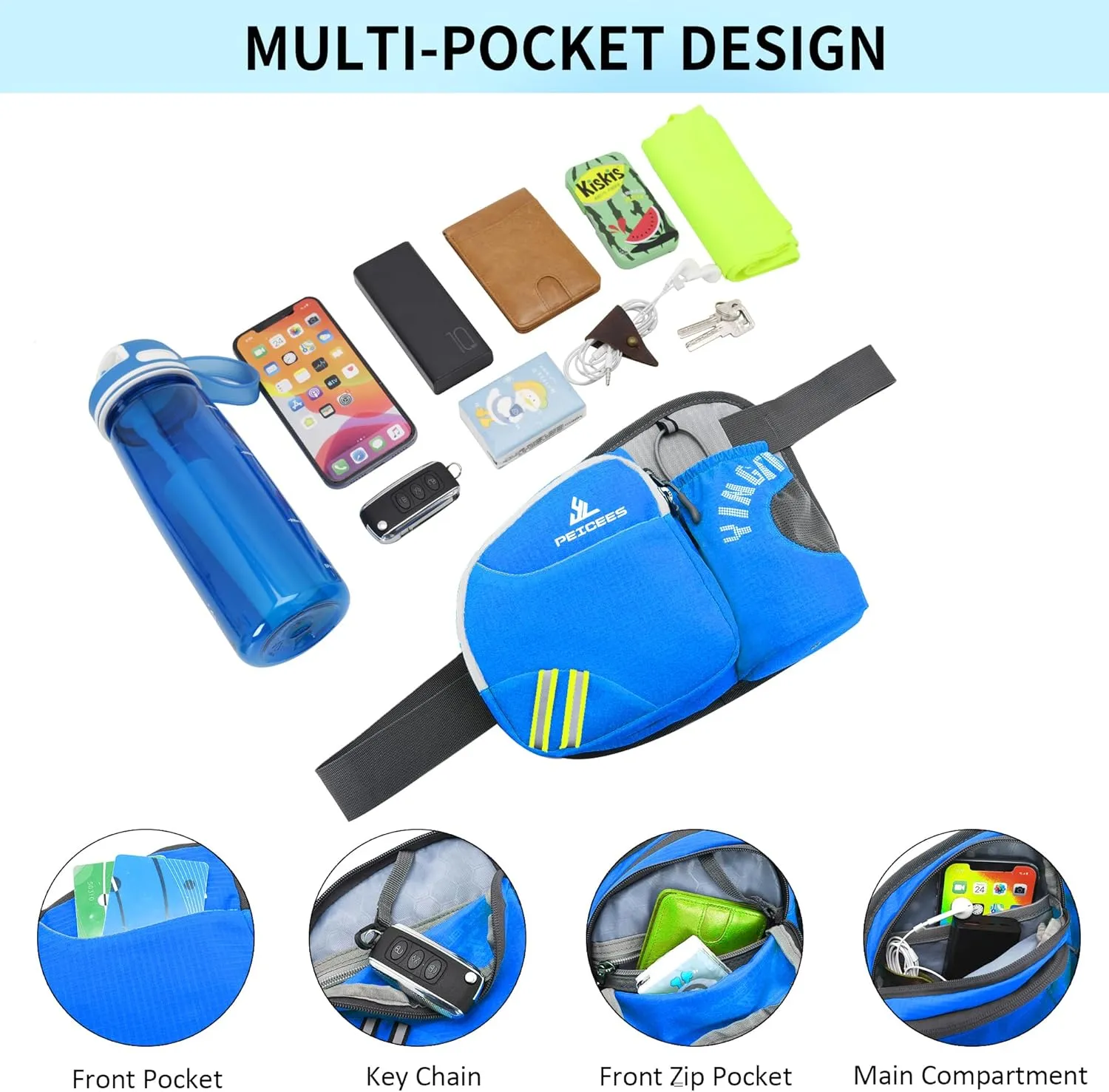 Peicees Waist Bag Fanny Pack with Water Bottle Holder for Men Women Hiking Running Dog Walking Fit All Phones (Bottle Not Included), Colorful Reflective Strip&Zipper-Sky Blue
