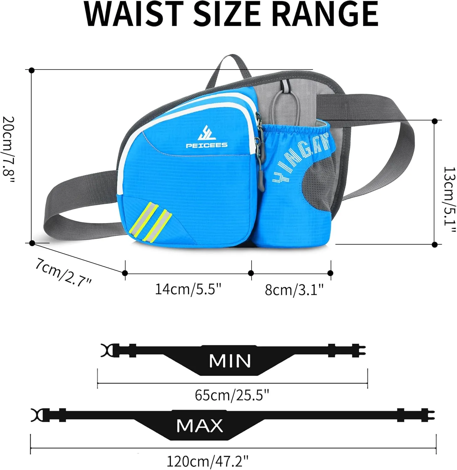 Peicees Waist Bag Fanny Pack with Water Bottle Holder for Men Women Hiking Running Dog Walking Fit All Phones (Bottle Not Included), Colorful Reflective Strip&Zipper-Sky Blue