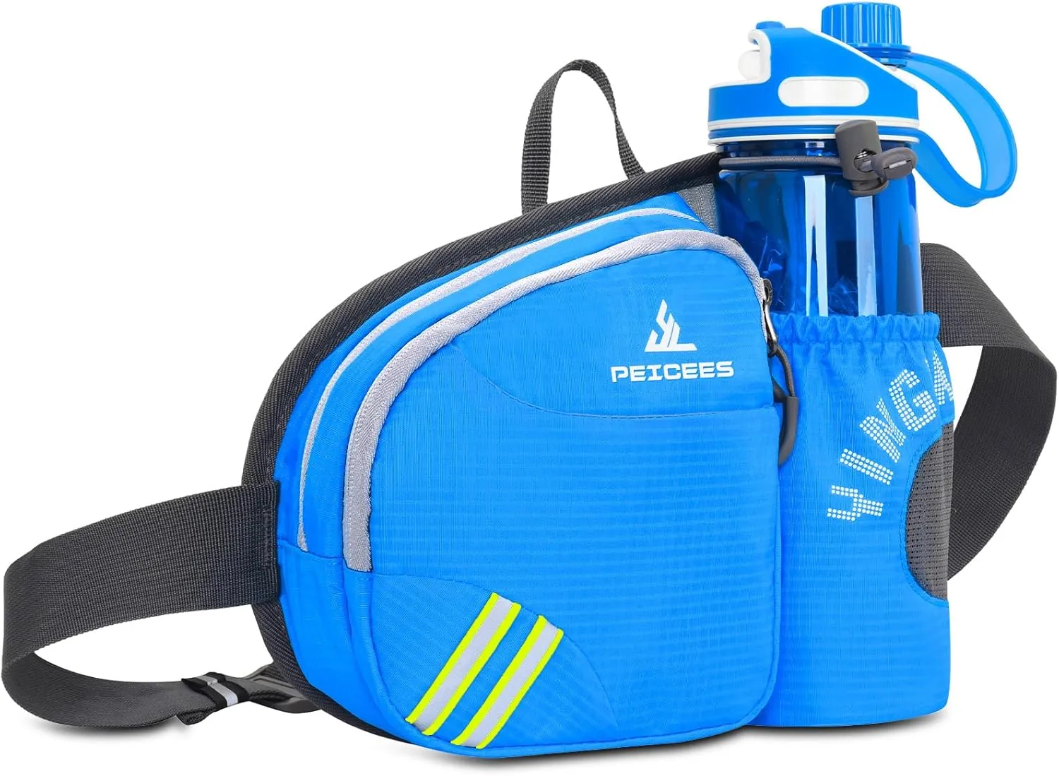 Peicees Waist Bag Fanny Pack with Water Bottle Holder for Men Women Hiking Running Dog Walking Fit All Phones (Bottle Not Included), Colorful Reflective Strip&Zipper-Sky Blue