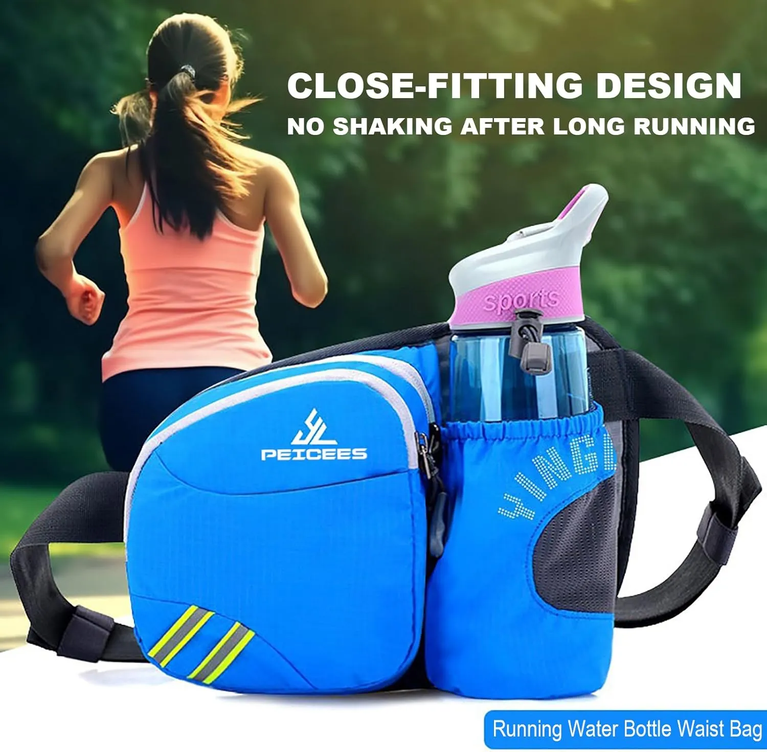Peicees Waist Bag Fanny Pack with Water Bottle Holder for Men Women Hiking Running Dog Walking Fit All Phones (Bottle Not Included), Colorful Reflective Strip&Zipper-Sky Blue