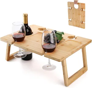 Peohud Portable Wine Picnic Table, Foldable Champagne Picnic Snack Table Tray, Wooden Outdoor Picnic Table with Glass Holder for Park, Beach, Camping, Bed, Wine Lover Gift
