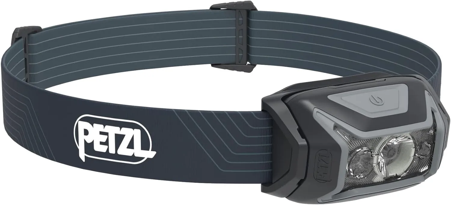 PETZL ACTIK Headlamp - Powerful 450 Lumen Light with Red Lighting, for Hiking, Climbing, Running, and Camping - Grey