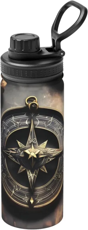 PHAYAH Magical Design Norse Runes Compass Camping Hiking Hydration Flask Stainless Steel, Double Walled & Vacuum Insulated Water Bottle
