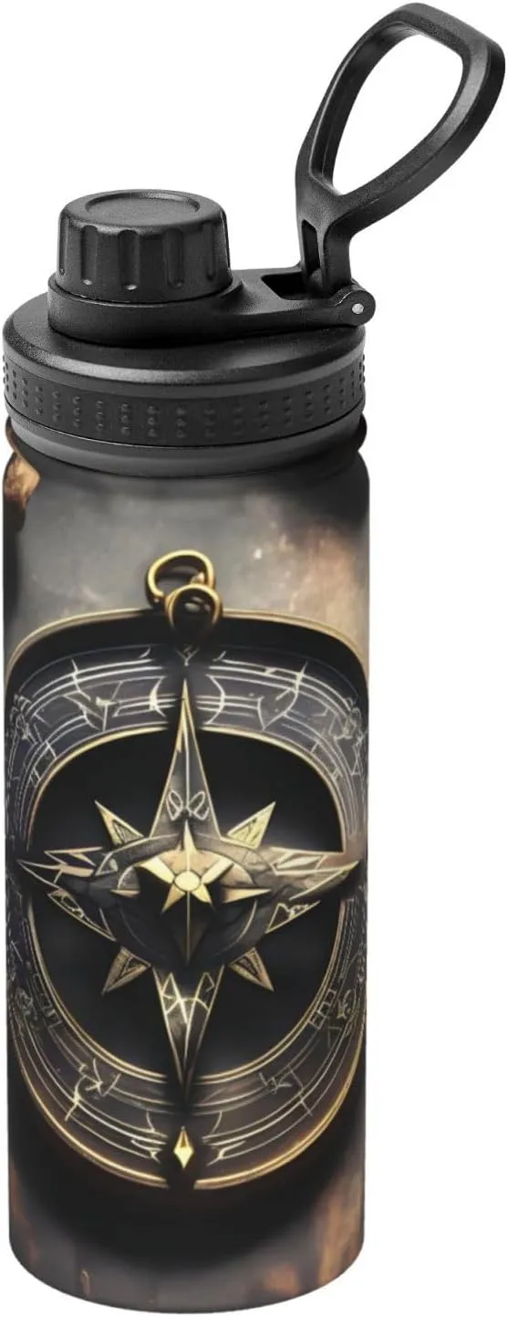 PHAYAH Magical Design Norse Runes Compass Camping Hiking Hydration Flask Stainless Steel, Double Walled & Vacuum Insulated Water Bottle