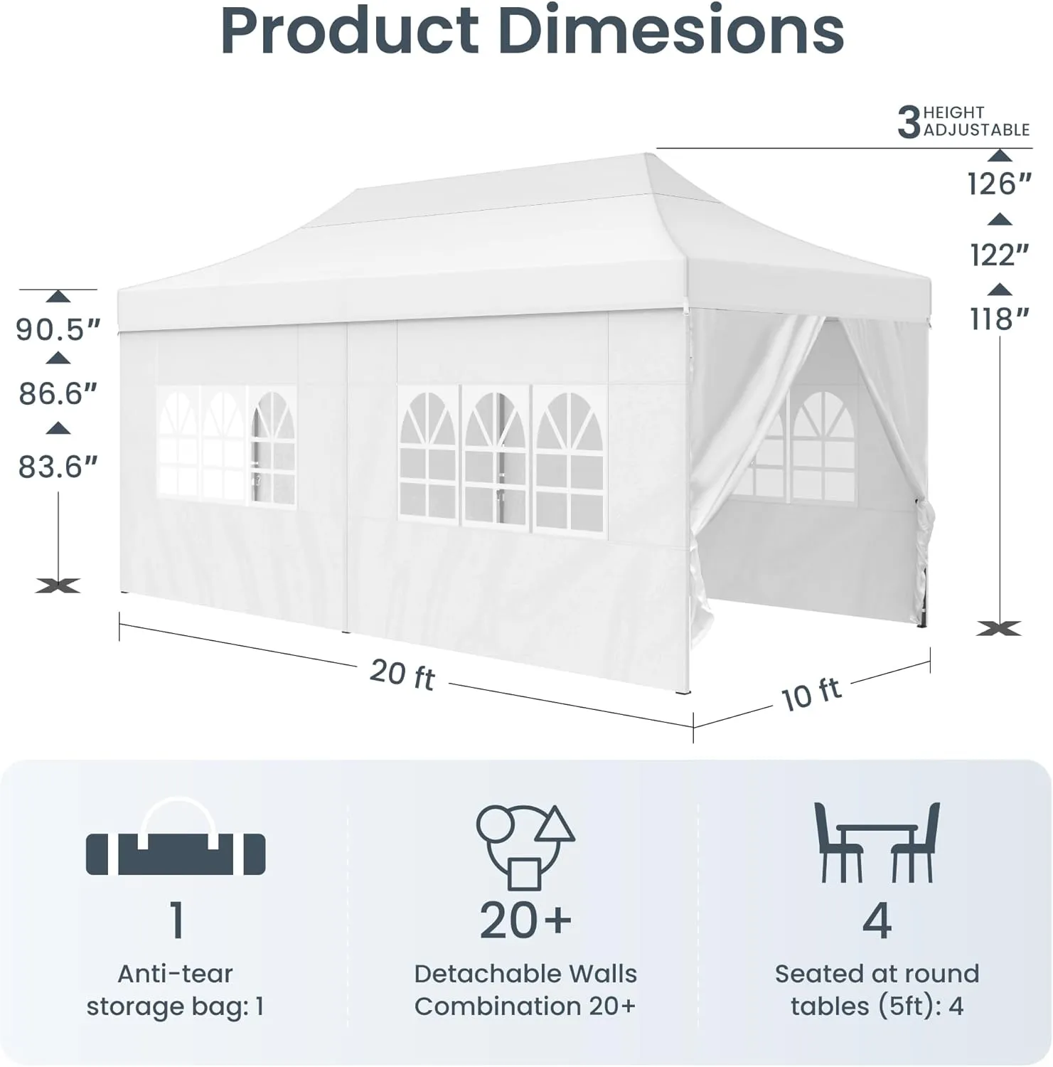 PHI VILLA 10x20 Heavy Duty Pop up Commercial Canopy White Tent with Sidewalls Sun Shade & Waterproof Protection for Outdoor Events, Weddings, and Parties