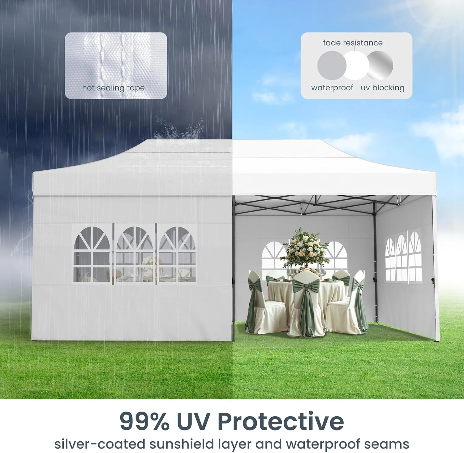 PHI VILLA 10x20 Heavy Duty Pop up Commercial Canopy White Tent with Sidewalls Sun Shade & Waterproof Protection for Outdoor Events, Weddings, and Parties