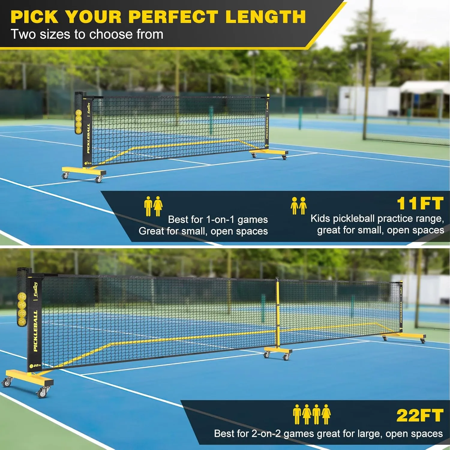 Pickleball Net with Wheels, Portable 2-in-1 Pickle Ball Net with Ball Collector,22FT Regulation Size & 11FT Half Court Size, Carry Bag, Steady Metal Frame for Outdoor Indoor Driveway