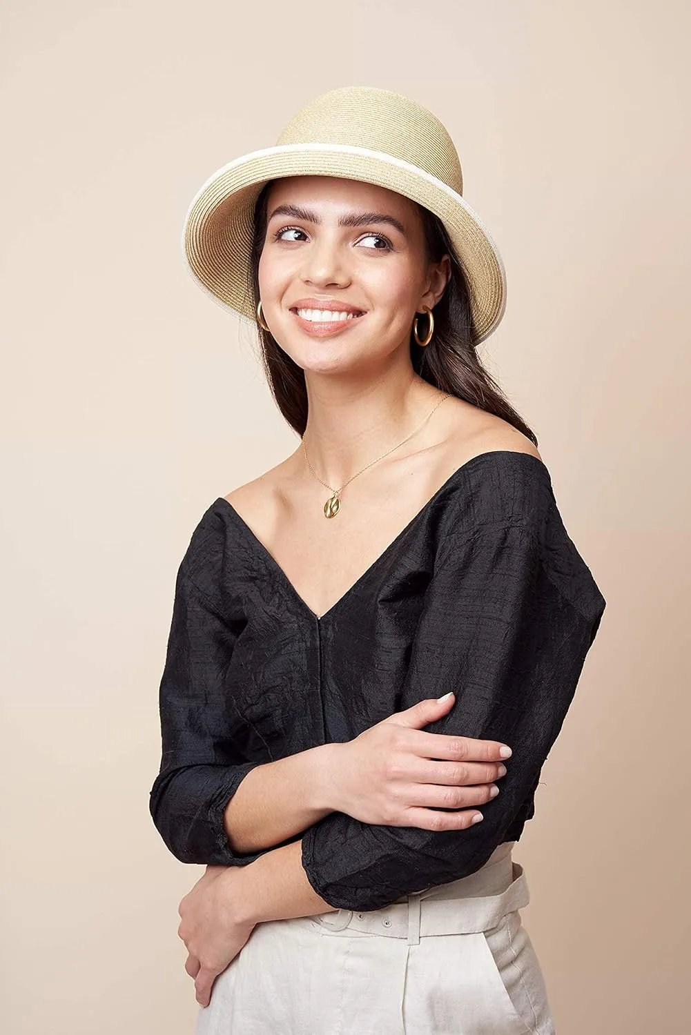 Pineapple&Star Maures Cloche Bucket Straw Sun Hat Fine Braid UPF 50  for Women