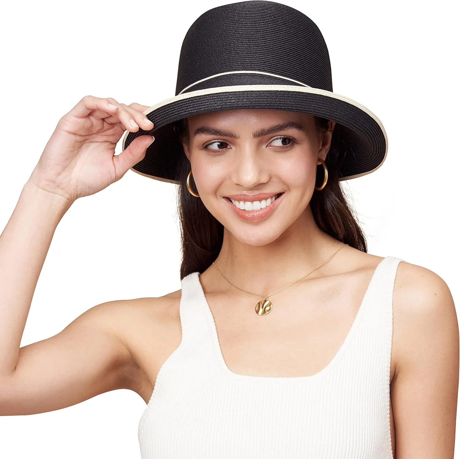 Pineapple&Star Maures Cloche Bucket Straw Sun Hat Fine Braid UPF 50  for Women