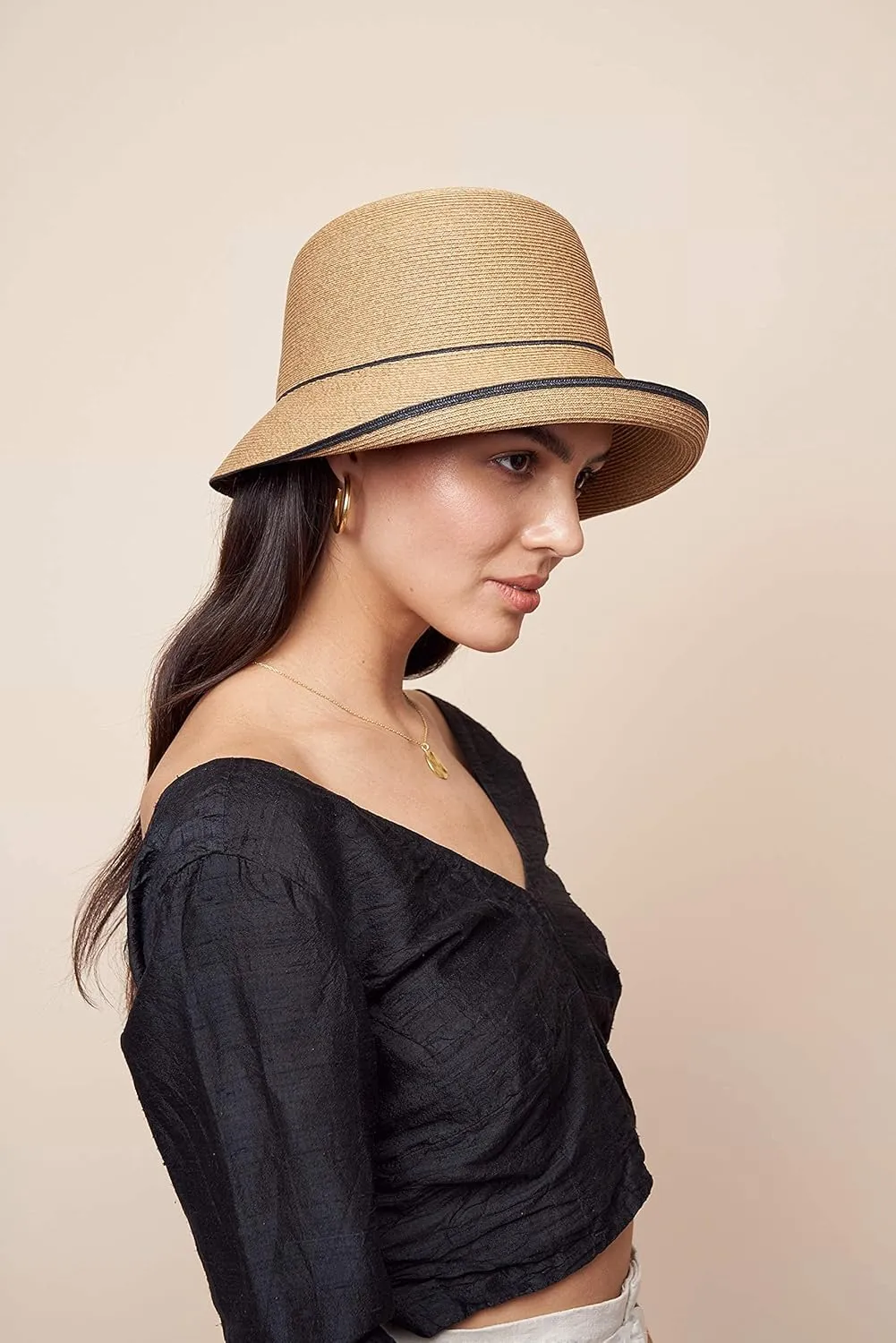 Pineapple&Star Maures Cloche Bucket Straw Sun Hat Fine Braid UPF 50  for Women