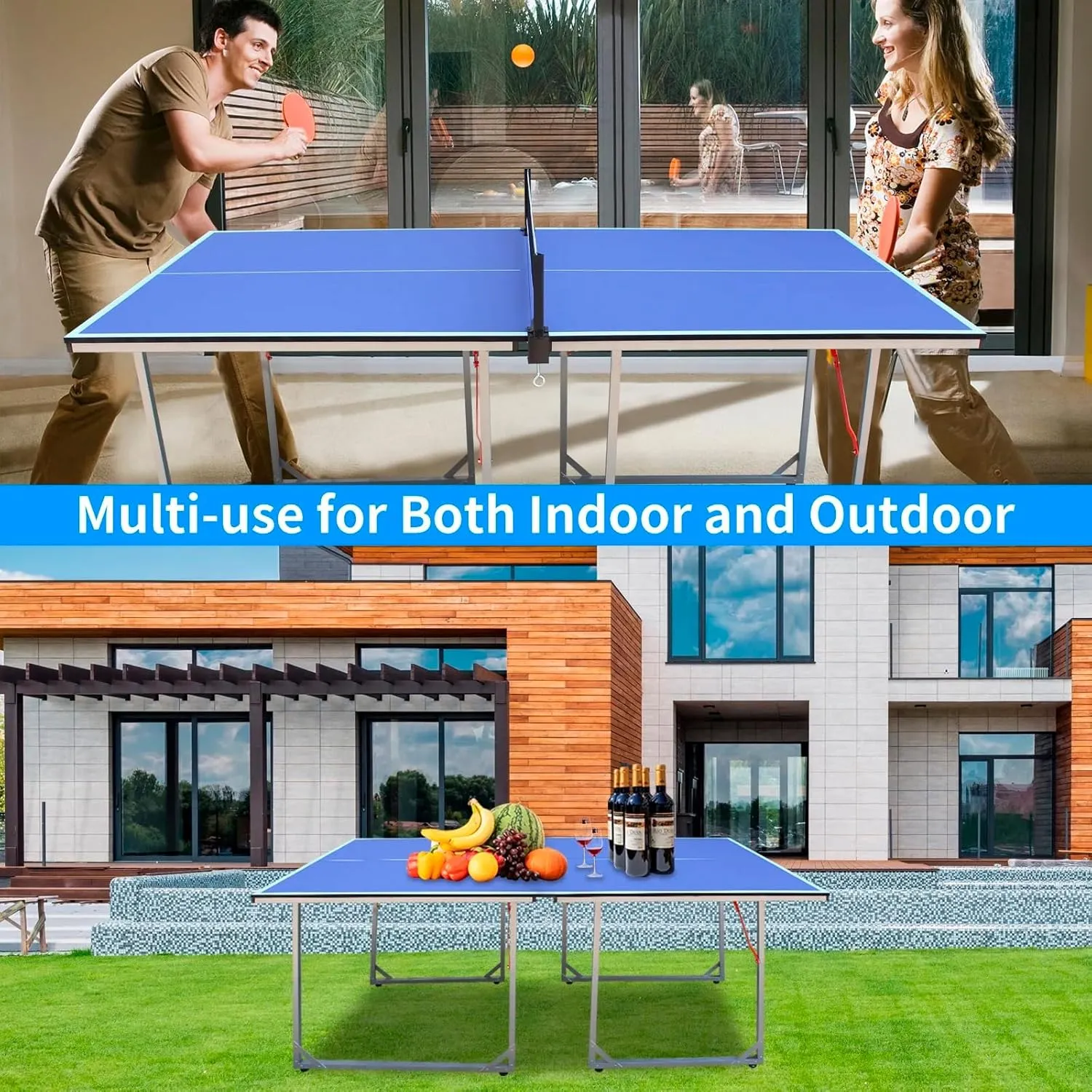Ping Pong Table Foldable Table Tennis Table for Indoor Outdoor with Net, Table Tennis Paddles and Balls, 4.5ft/6ft/9ft Multi-Use Family Game Table for Kid Teenager Adult, Compact & Portable