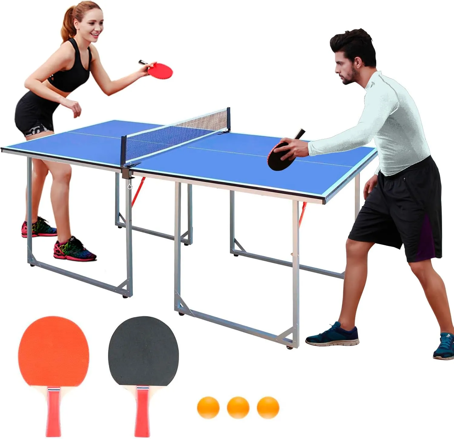 Ping Pong Table Foldable Table Tennis Table for Indoor Outdoor with Net, Table Tennis Paddles and Balls, 4.5ft/6ft/9ft Multi-Use Family Game Table for Kid Teenager Adult, Compact & Portable