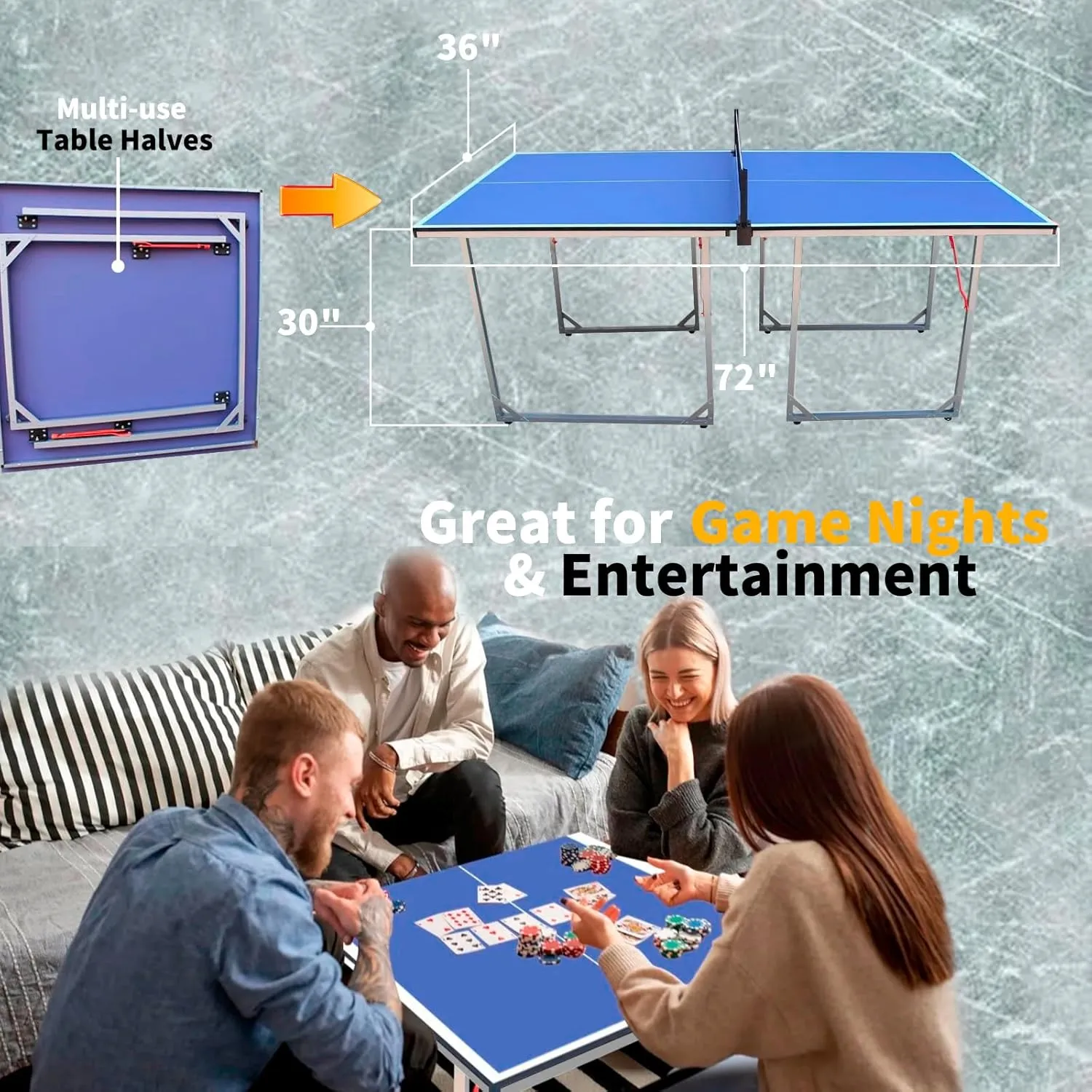 Ping Pong Table Foldable Table Tennis Table for Indoor Outdoor with Net, Table Tennis Paddles and Balls, 4.5ft/6ft/9ft Multi-Use Family Game Table for Kid Teenager Adult, Compact & Portable