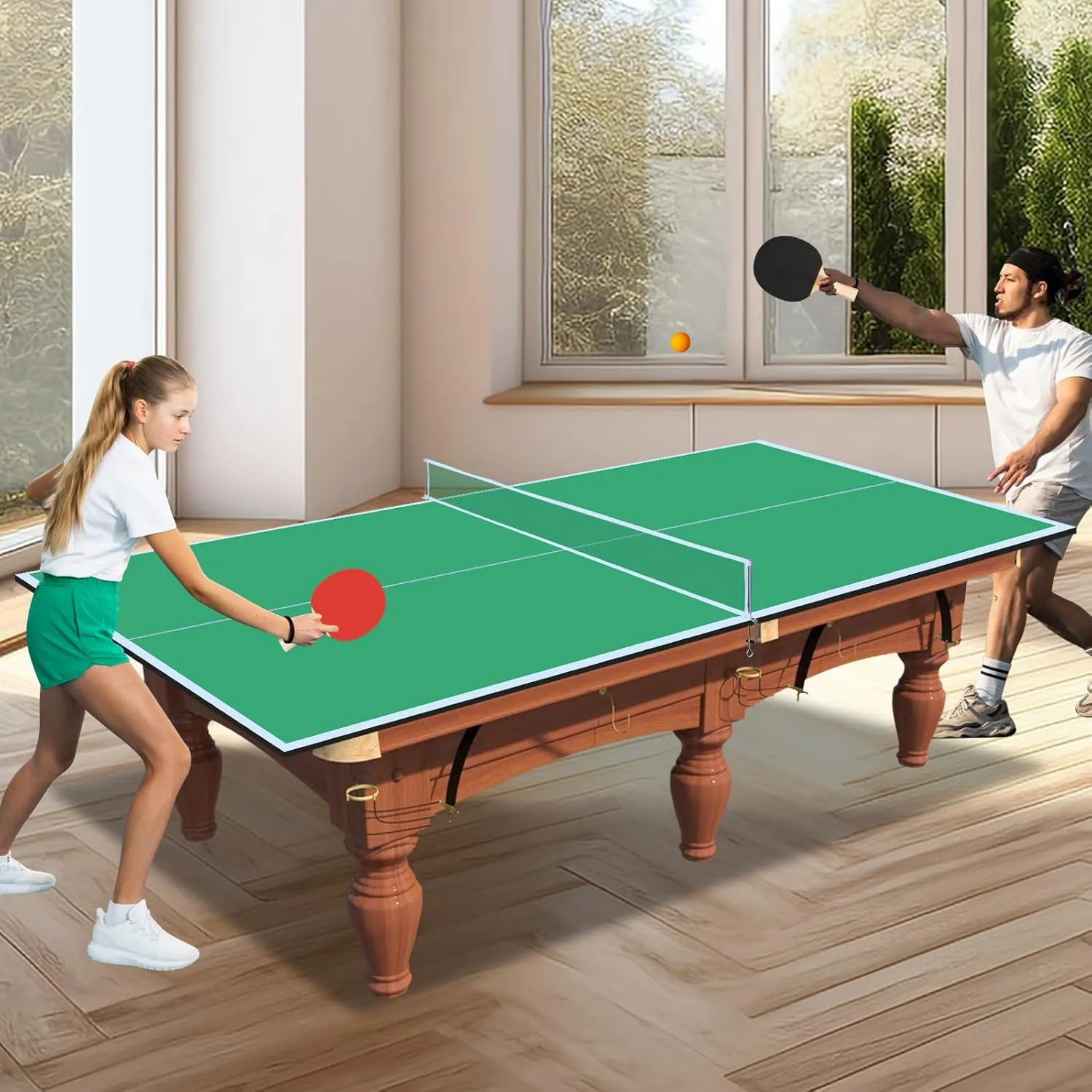 Ping Pong Table Top for Billiard Table, 7FT/8FT/9FT Foldable Table Tennis Table Topper for Pool Table, Indoor Outdoor Table Tennis Conversion Top w/Net & Premium Foam Padding
