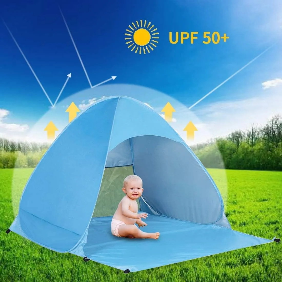 Pop Up Beach Shade - UPF 50  UV Protection for 3-4 Persons - X-Large with Carry Bag and Tent Stakes for Beach, Park, Camping