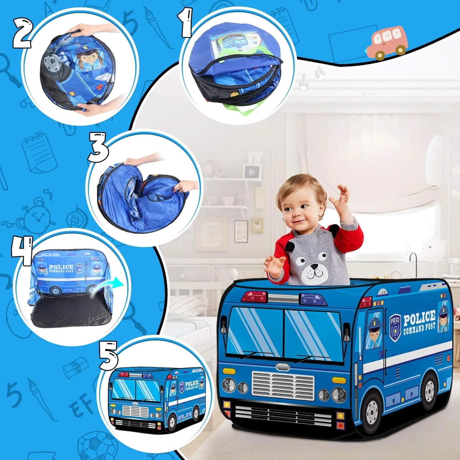 Pop up Play Tent for Kids Aged 1-3 Years Old Boys and Girls : Police Car Playhouse Toy Play Tents for Toddlers 3-5 Kids Tent Indoor Outdoor Playhouse Toys for 1   Year Old, Police Car