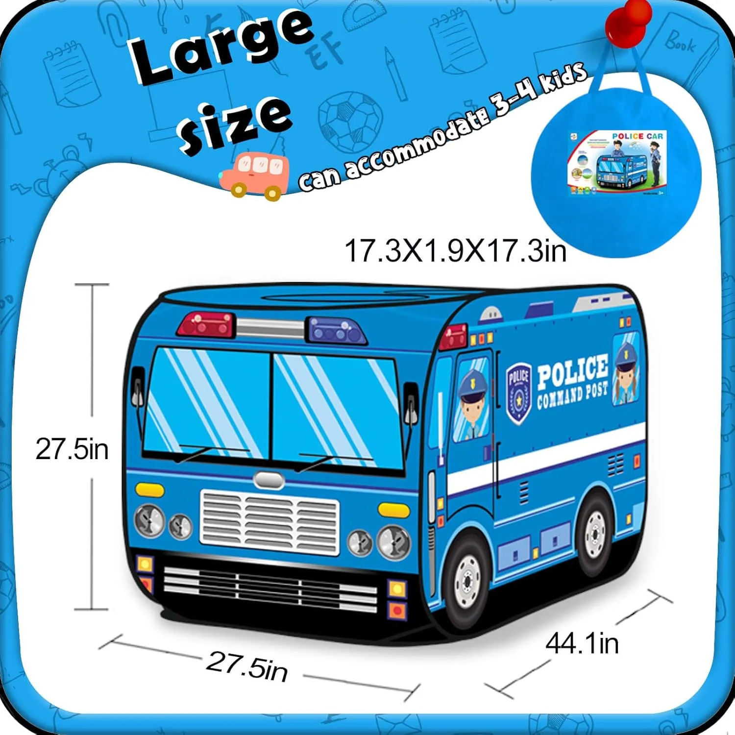 Pop up Play Tent for Kids Aged 1-3 Years Old Boys and Girls : Police Car Playhouse Toy Play Tents for Toddlers 3-5 Kids Tent Indoor Outdoor Playhouse Toys for 1   Year Old, Police Car