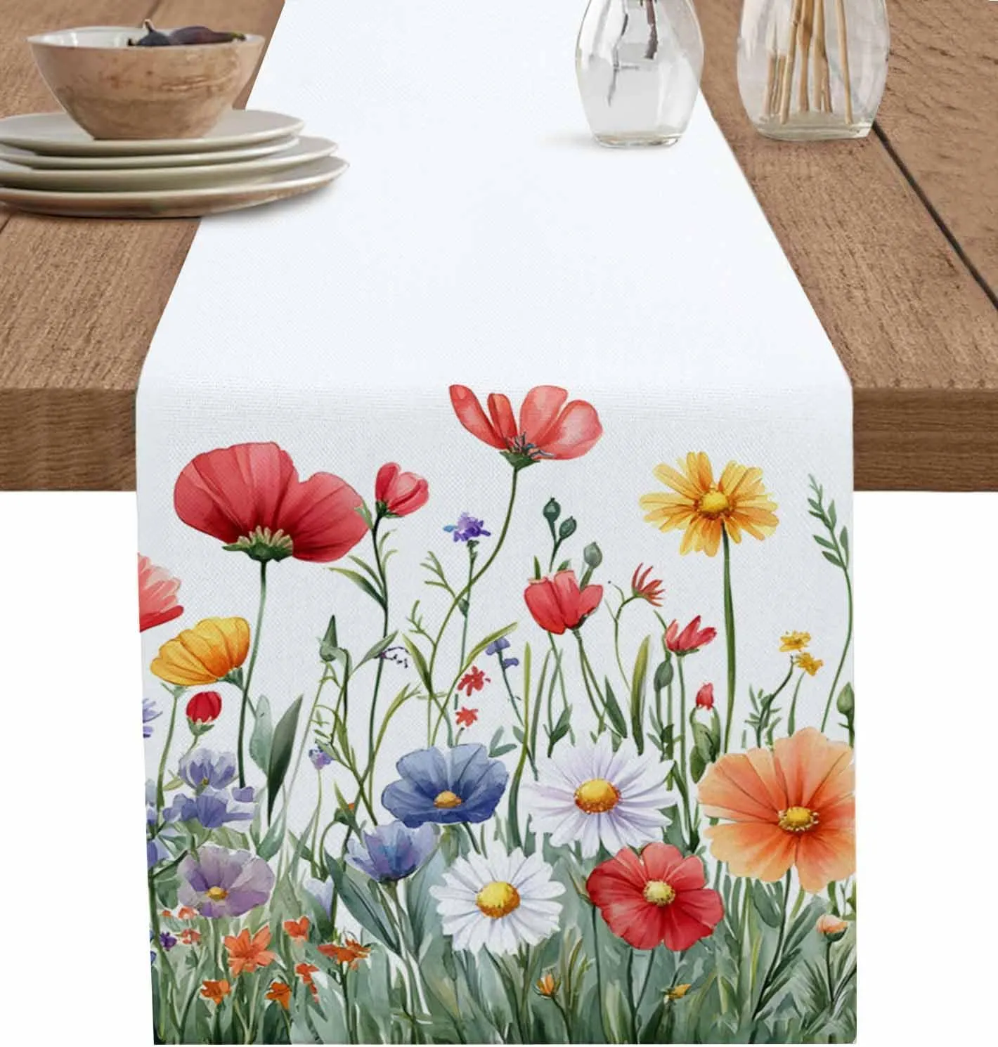 Popy Daisy Flower Table Runner Wildflower Spring Summer Plant Table Runners Dresser Scarves Kitchen Dining Table Decoration for Home Farmhouse Party Holidays 13"x48"
