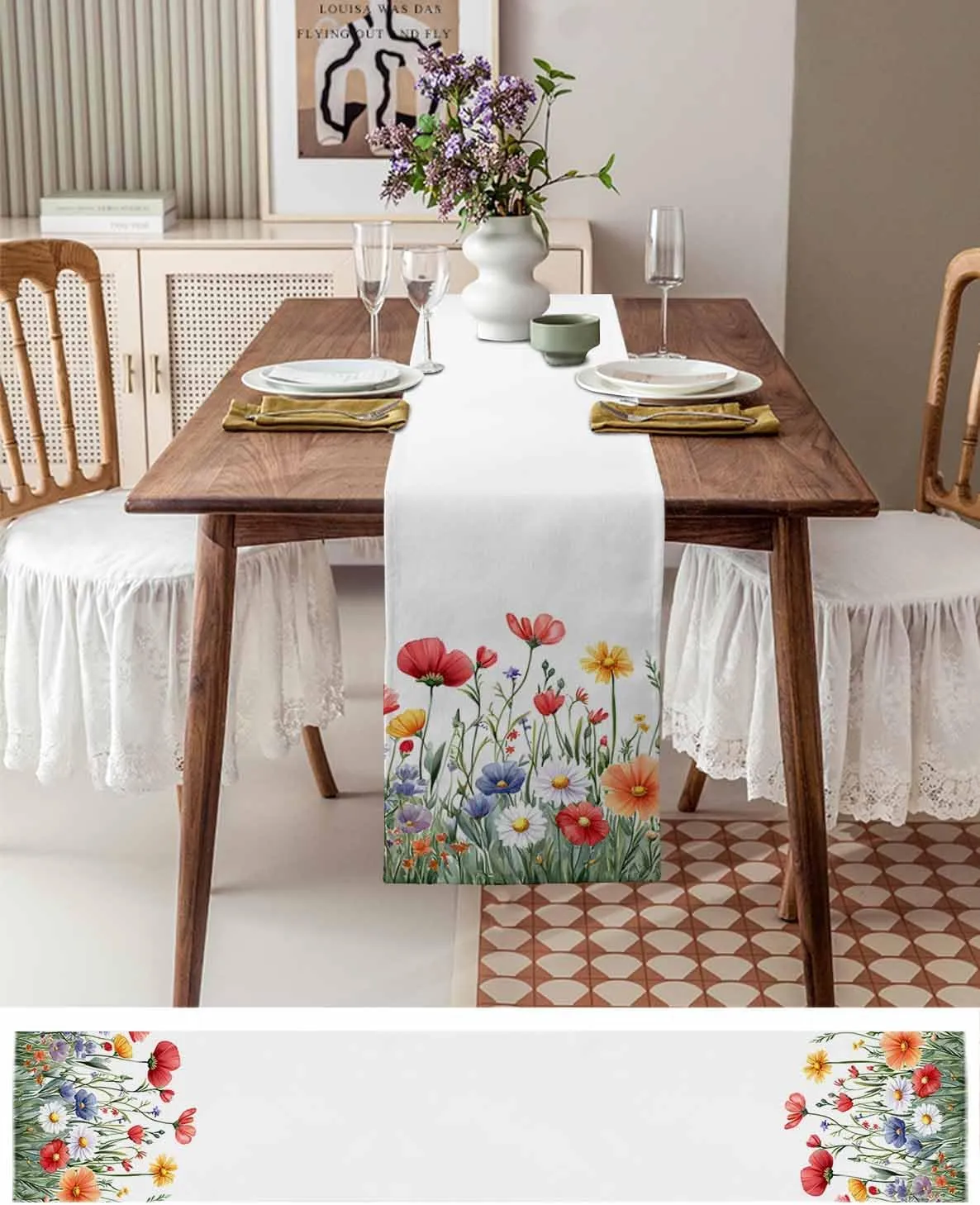 Popy Daisy Flower Table Runner Wildflower Spring Summer Plant Table Runners Dresser Scarves Kitchen Dining Table Decoration for Home Farmhouse Party Holidays 13"x48"