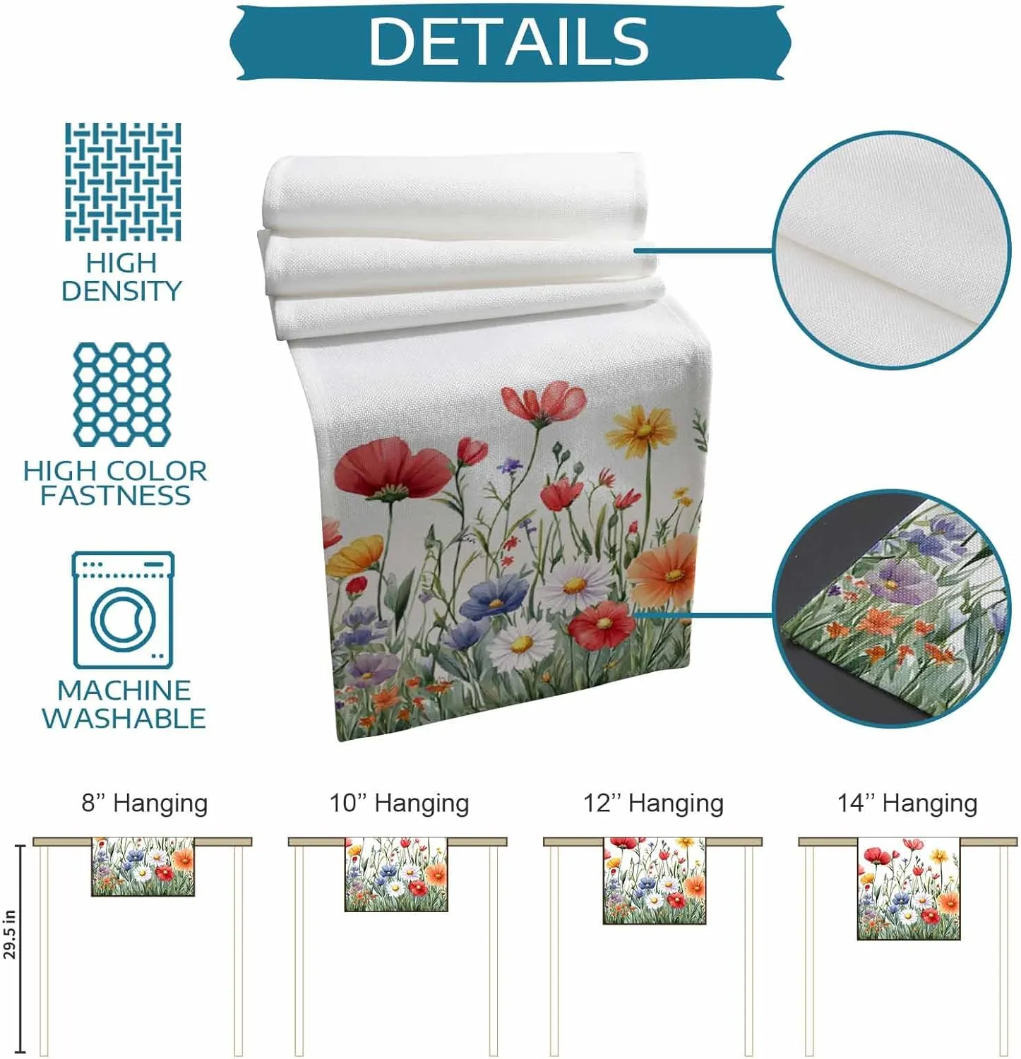 Popy Daisy Flower Table Runner Wildflower Spring Summer Plant Table Runners Dresser Scarves Kitchen Dining Table Decoration for Home Farmhouse Party Holidays 13"x48"