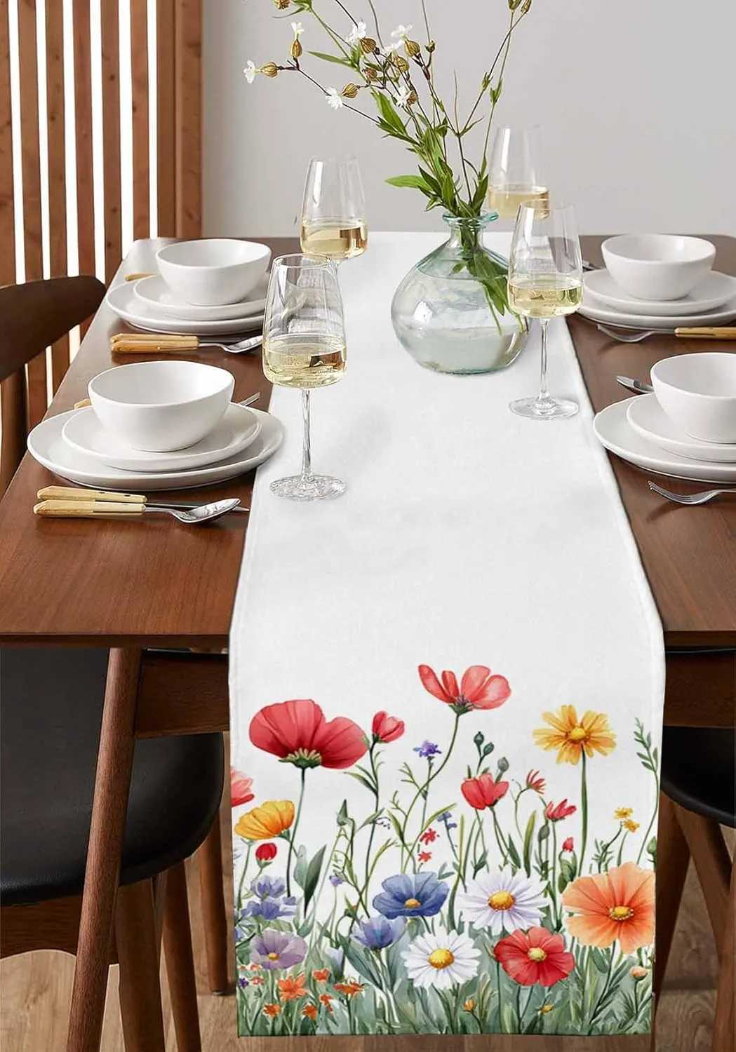 Popy Daisy Flower Table Runner Wildflower Spring Summer Plant Table Runners Dresser Scarves Kitchen Dining Table Decoration for Home Farmhouse Party Holidays 13"x48"