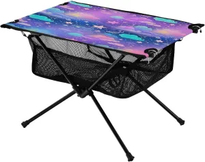 Portable Camping Table Foldable with Mesh Storage Lightweight Compact Camp Tent Side Table for Outside,Camping,Hiking,Tailgating,Dreamy Sky