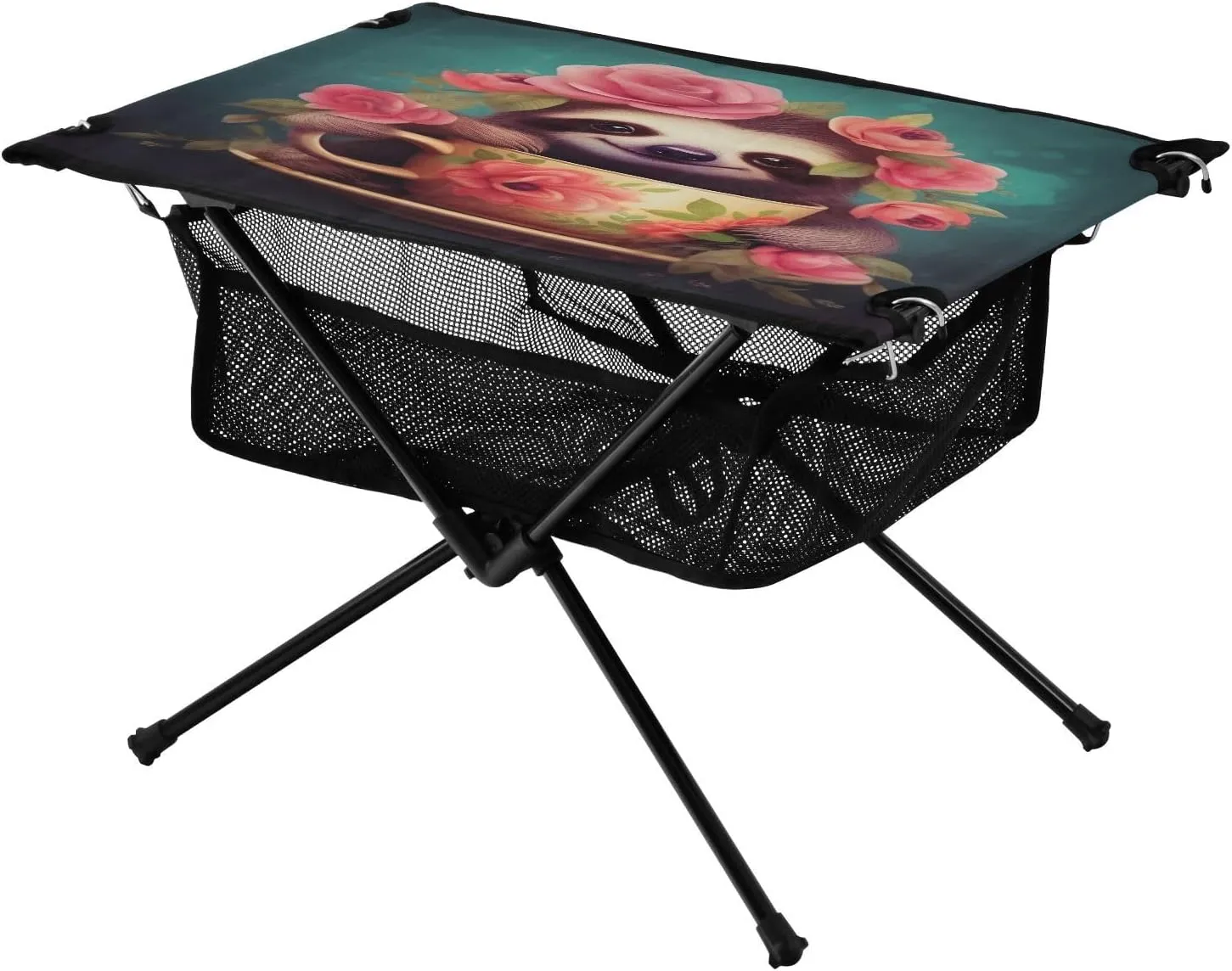 Portable Camping Table Foldable with Mesh Storage Lightweight Compact Camp Tent Side Table for Outside,Camping,Hiking,Tailgating,Sloth