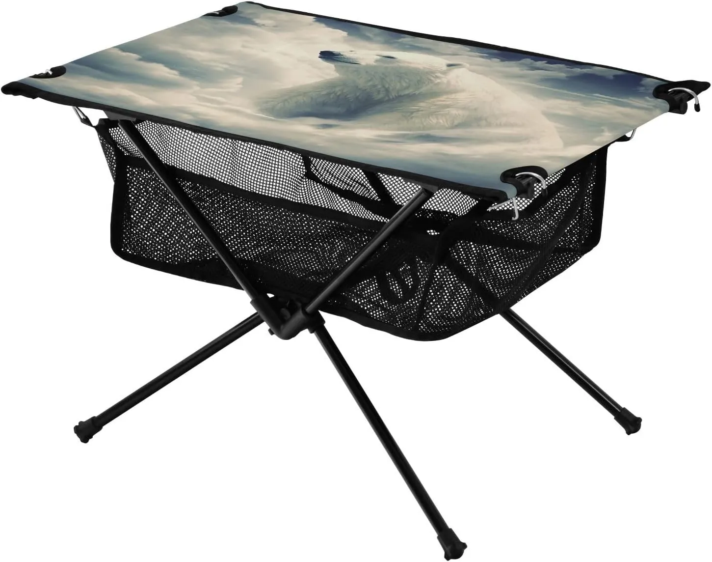 Portable Camping Table Foldable with Mesh Storage Lightweight Compact Camp Tent Side Table for Outside,Camping,Hiking,Tailgating,White Bear