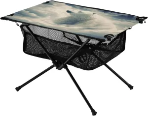 Portable Camping Table Foldable with Mesh Storage Lightweight Compact Camp Tent Side Table for Outside,Camping,Hiking,Tailgating,White Bear