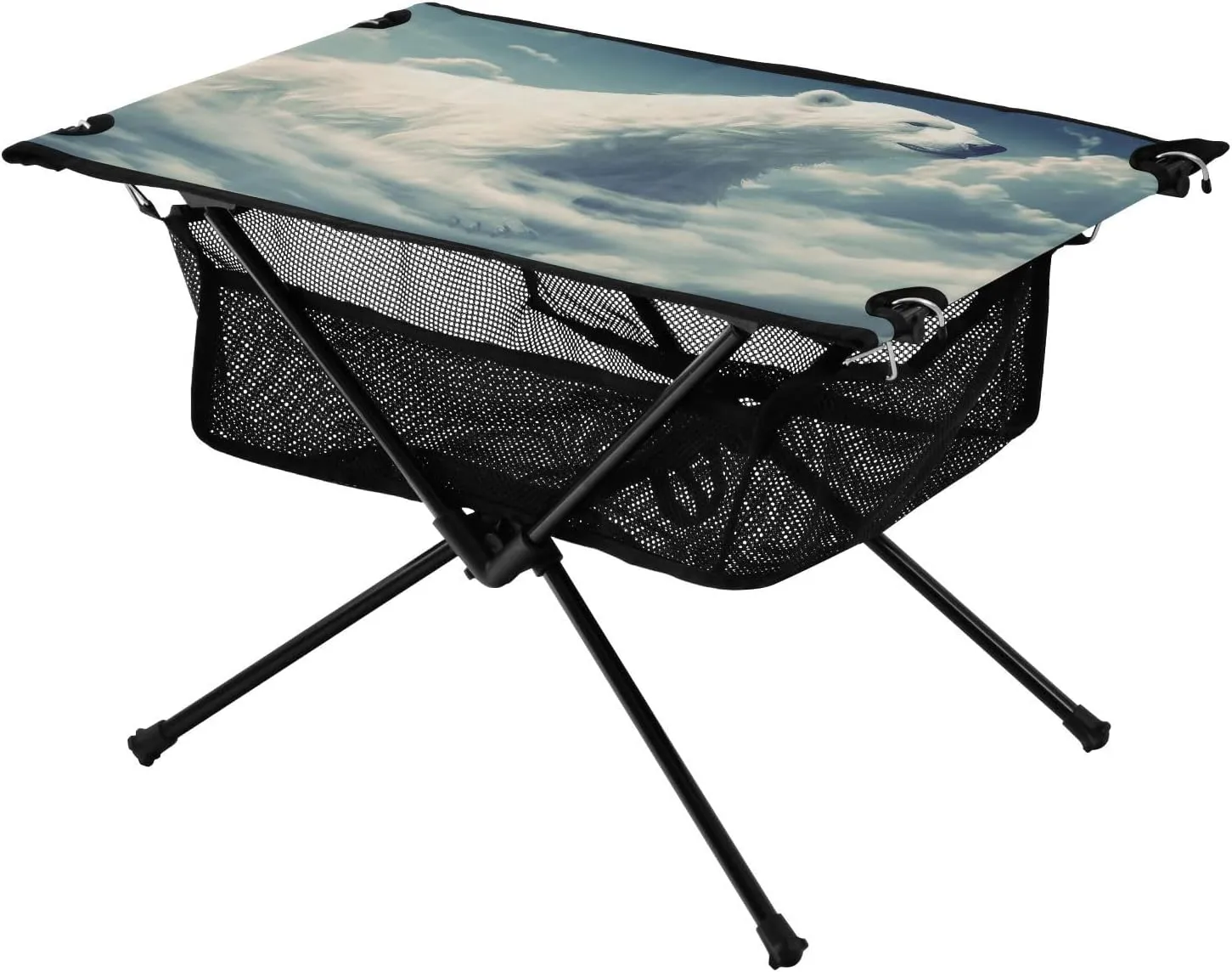 Portable Camping Table Foldable with Mesh Storage Lightweight Compact Camp Tent Side Table for Outside,Camping,Hiking,Tailgating,White Bear