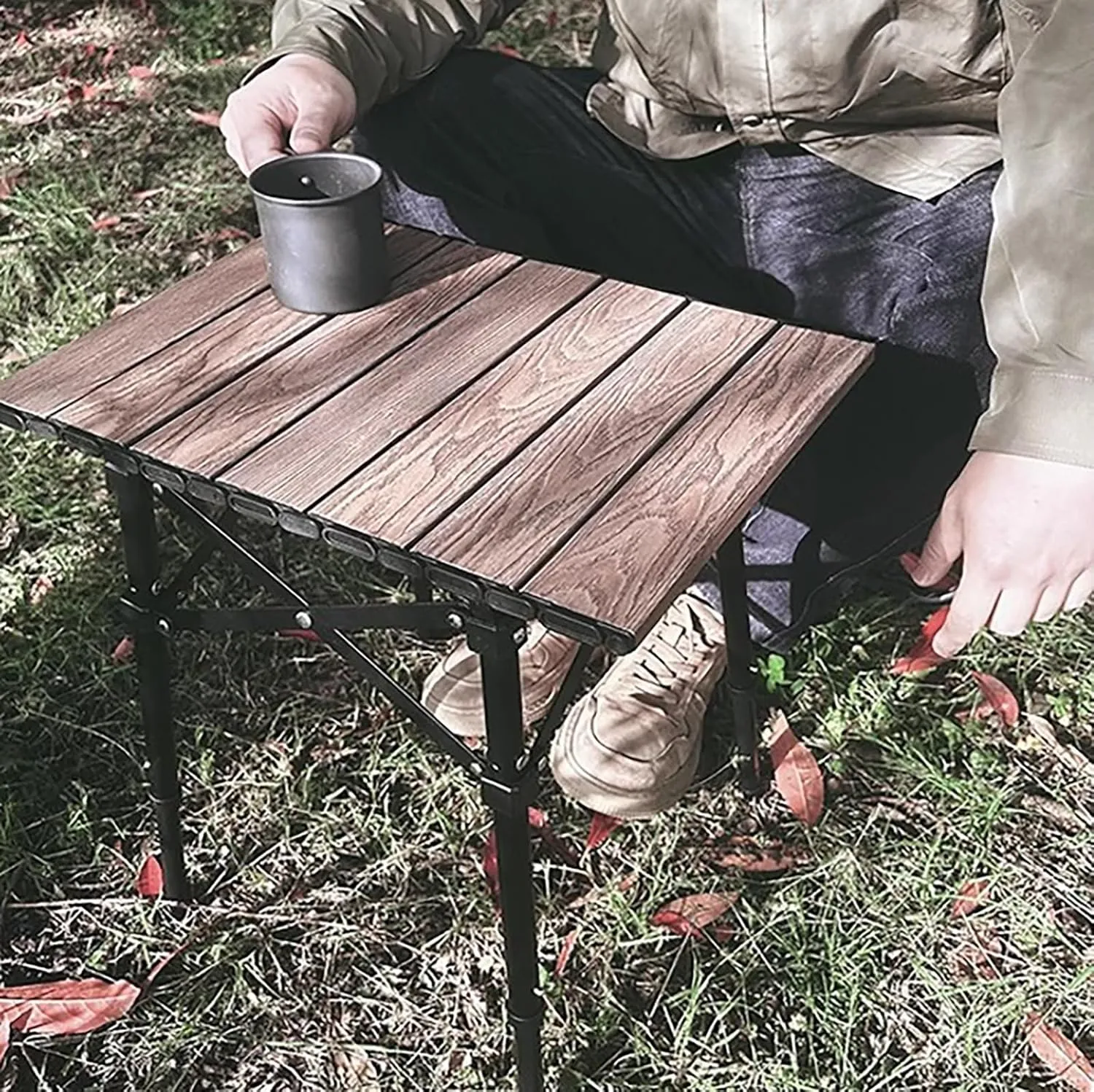 Portable Camping Table, Lightweight Aluminum Alloy Folding Beach Table with Carrying Bag, Outdoor Side Tables for Cooking, Picnic, Backyards, BBQ, Party(Brown,47x40cm)