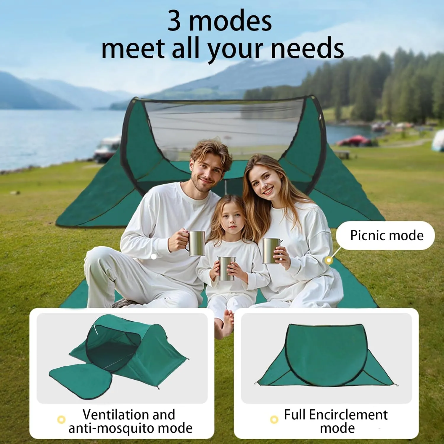 Portable Camping Tent with Double Door Design, Folding Mosquito Net Shelter with Storage Bag, Army Green