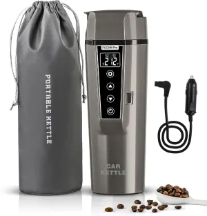Portable Electric Car Kettle: 12V/24V Kettle Mini Water Boiler for Car Heated Travel Mug,Smart Precision Temperature Adjustment Coffee Tea Truck Cup with Handy Kettle Bag (Taupe, 400ML)