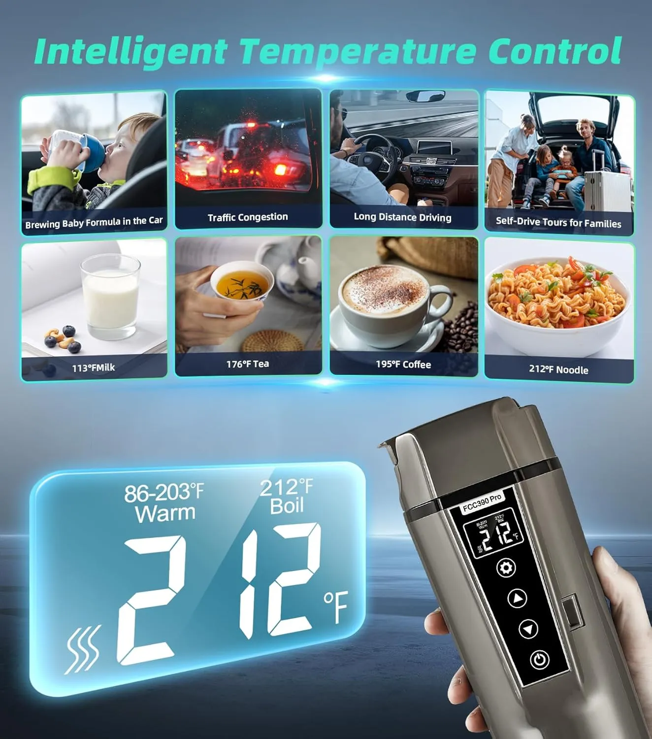 Portable Electric Car Kettle: 12V/24V Kettle Mini Water Boiler for Car Heated Travel Mug,Smart Precision Temperature Adjustment Coffee Tea Truck Cup with Handy Kettle Bag (Taupe, 400ML)