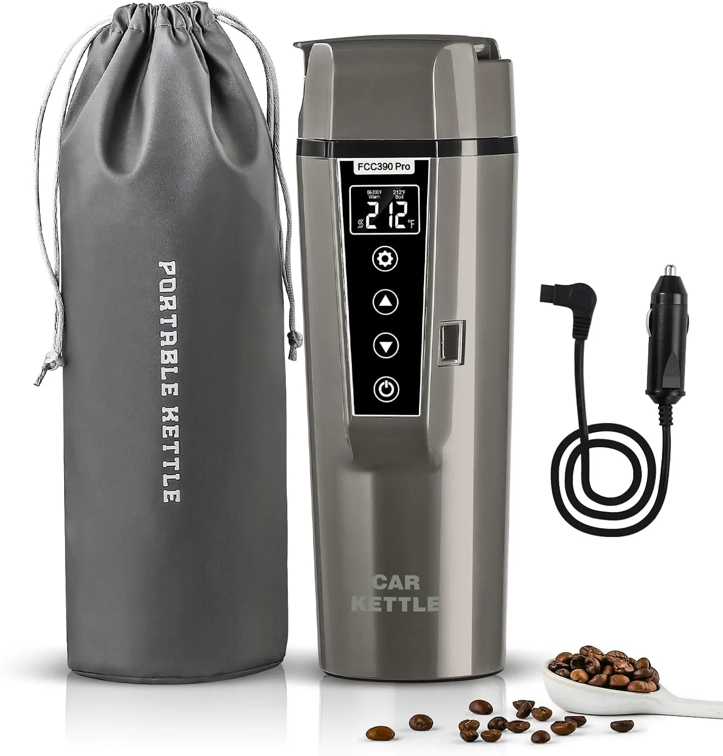 Portable Electric Car Kettle: 12V/24V Kettle Mini Water Boiler for Car Heated Travel Mug,Smart Precision Temperature Adjustment Coffee Tea Truck Cup with Handy Kettle Bag (Taupe, 400ML)