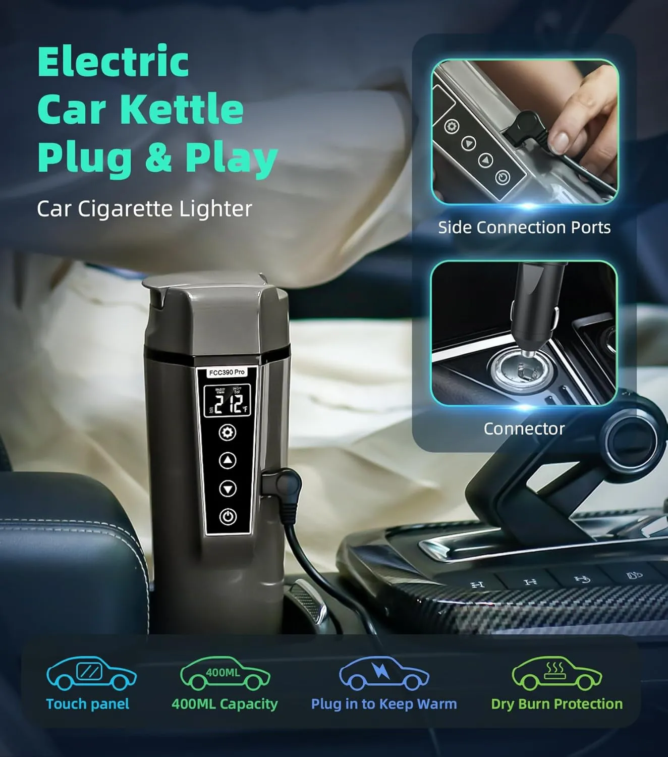 Portable Electric Car Kettle: 12V/24V Kettle Mini Water Boiler for Car Heated Travel Mug,Smart Precision Temperature Adjustment Coffee Tea Truck Cup with Handy Kettle Bag (Taupe, 400ML)