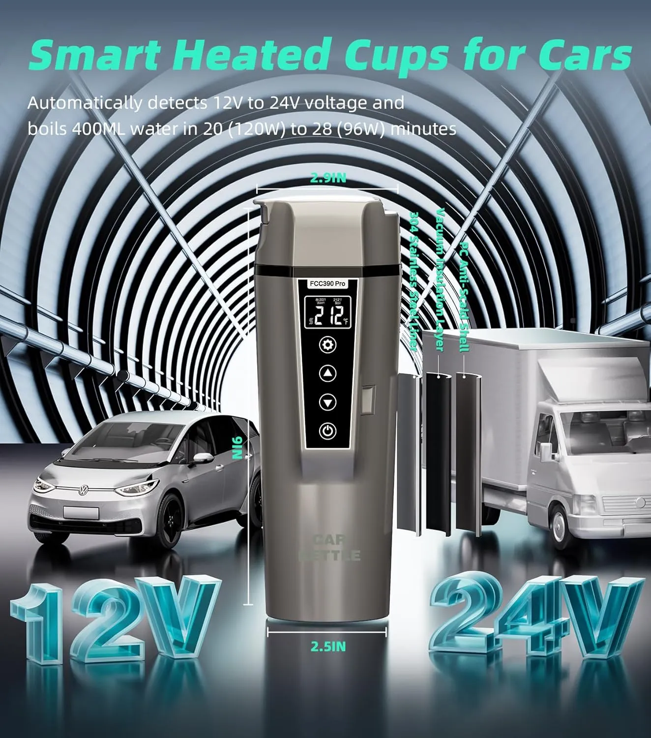 Portable Electric Car Kettle: 12V/24V Kettle Mini Water Boiler for Car Heated Travel Mug,Smart Precision Temperature Adjustment Coffee Tea Truck Cup with Handy Kettle Bag (Taupe, 400ML)