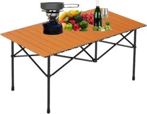 Portable Folding Camping Table, Roll-Up Aluminum Table with Carry Bag, Lightweight Design for Beach, Travel, and Outdoor Adventures Wood Color 95×55×50cm/37×21×19.7in