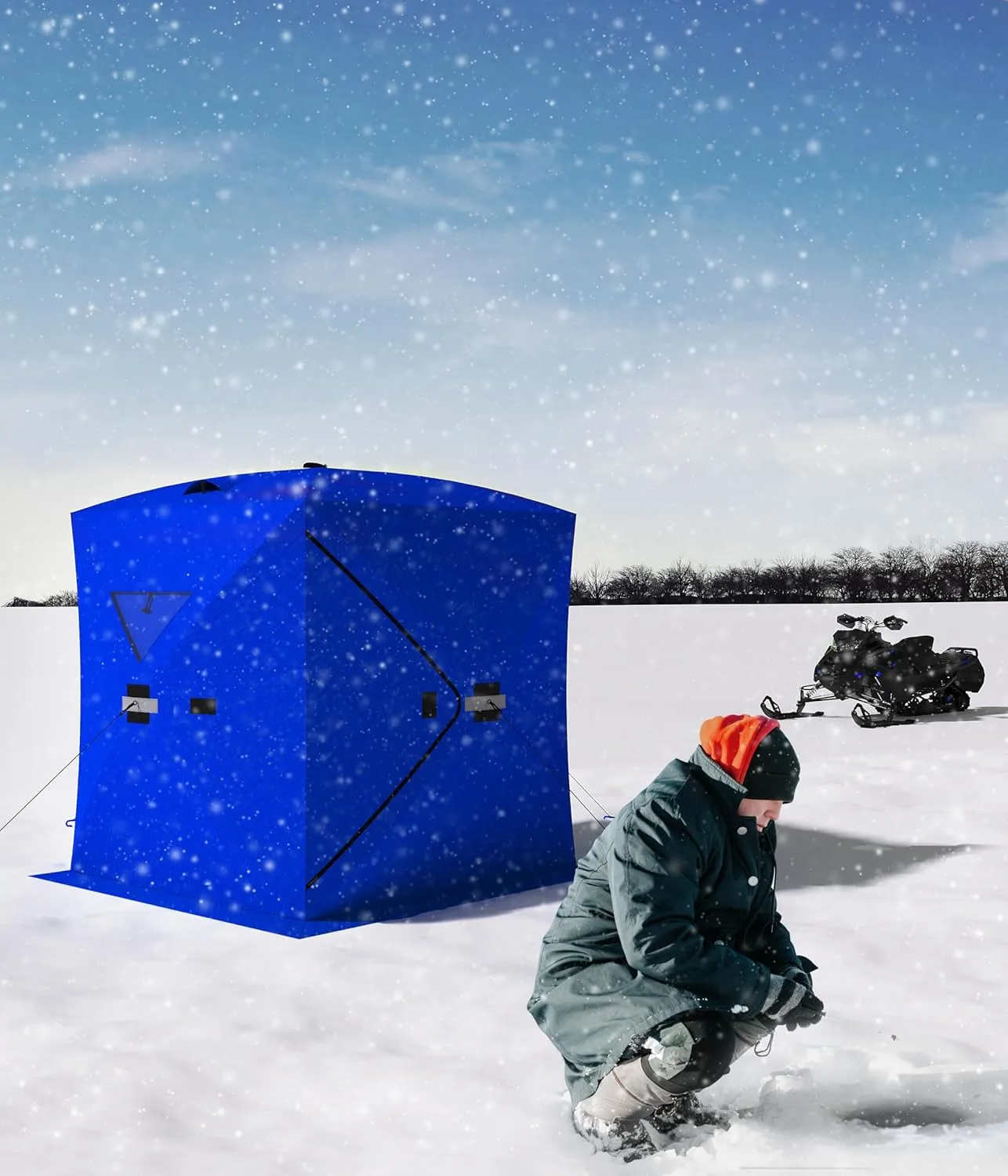 Portable Ice Fishing Shelter - Spacious 3 to 4-Person Pop-Up Ice Fishing Tent - Durable and Weather Resistant Winter Fishing Shelter - Lightweight and Easy to Set Up - Red/Blue