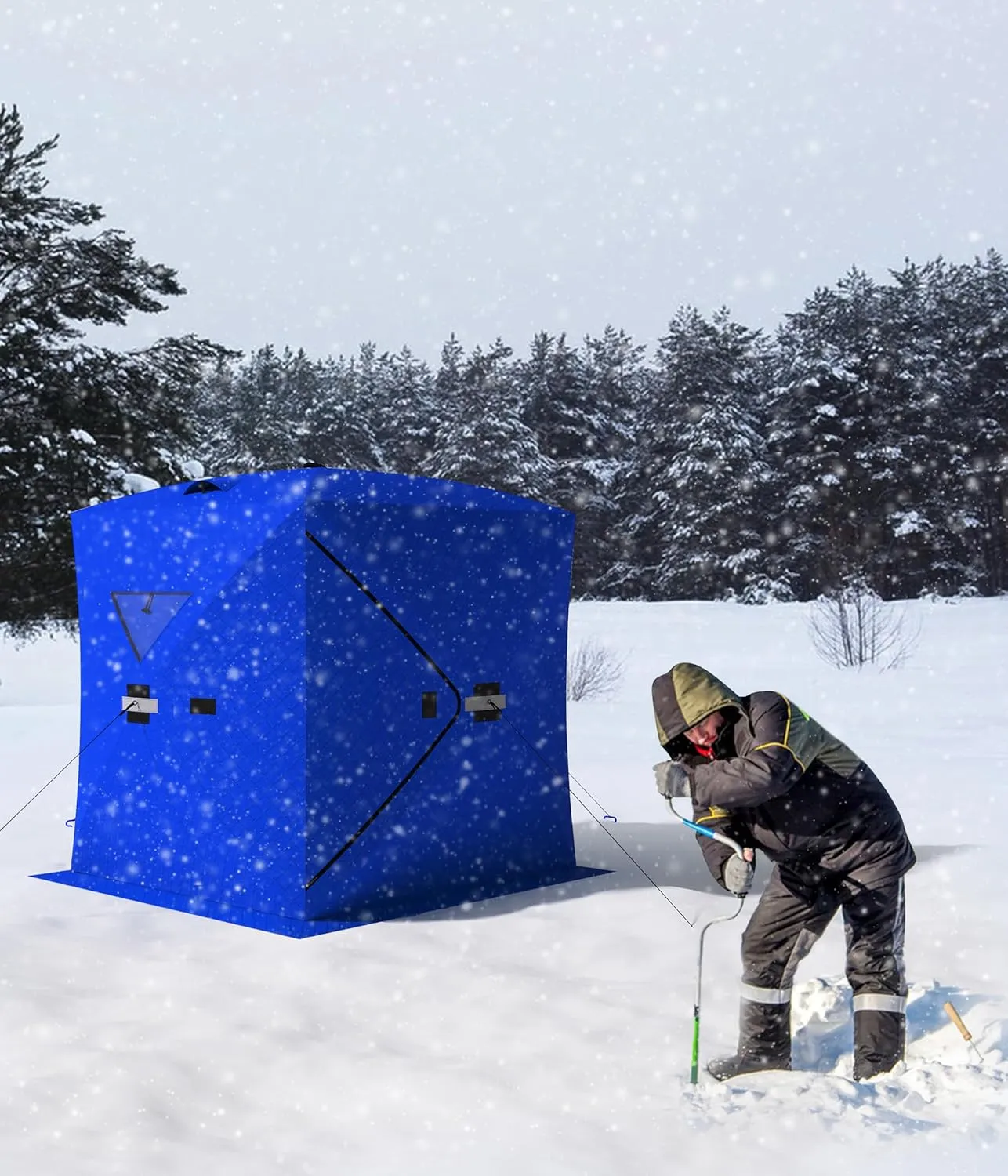 Portable Ice Fishing Shelter - Spacious 3 to 4-Person Pop-Up Ice Fishing Tent - Durable and Weather Resistant Winter Fishing Shelter - Lightweight and Easy to Set Up - Red/Blue