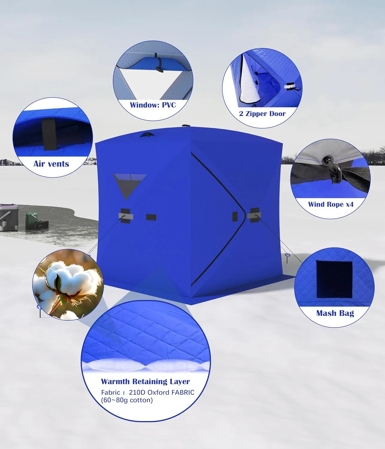 Portable Ice Fishing Shelter - Spacious 3 to 4-Person Pop-Up Ice Fishing Tent - Durable and Weather Resistant Winter Fishing Shelter - Lightweight and Easy to Set Up - Red/Blue